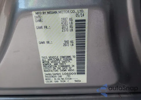 2015 Nissan Altima 3.5 S/3.5 Sl/3.5 Sv из США, поврежденный, VIN 1N4BL3AP6FC106009